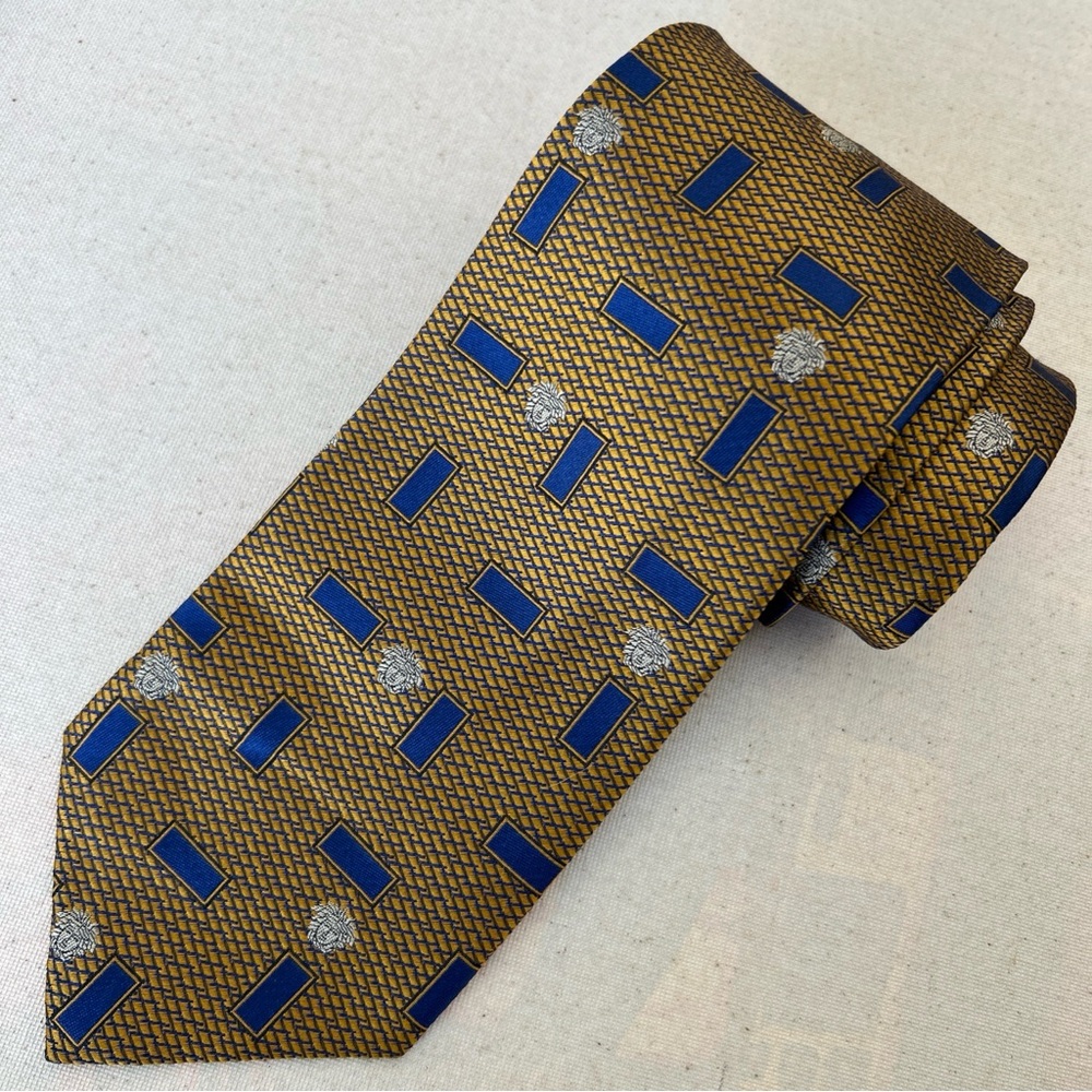 GIANNI VERSACE Medusa Tie Silk GV Monogram Gold Blue Vintage Italy Mens Necktie